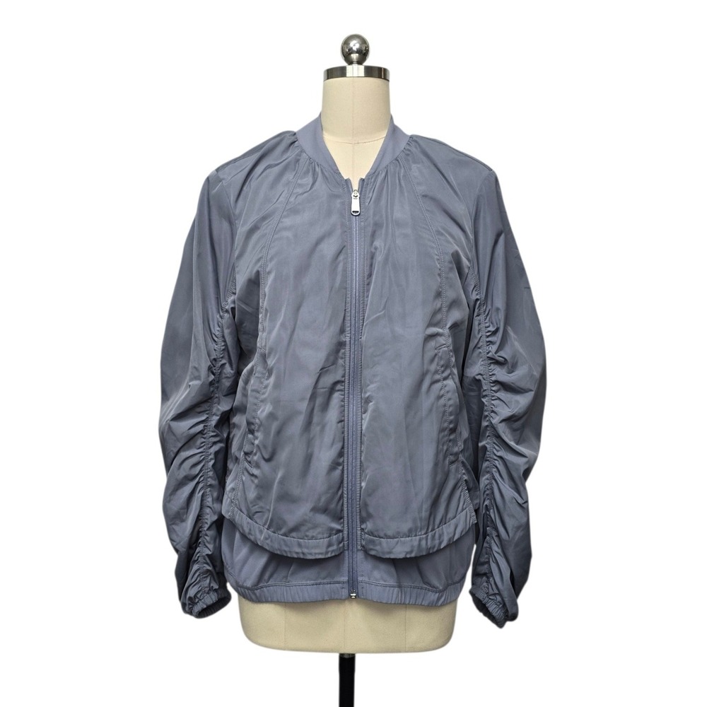 Athleta Women Blue Gray Ruched Sleeve Bomber Jacket Size Tall Medium Full Zip
